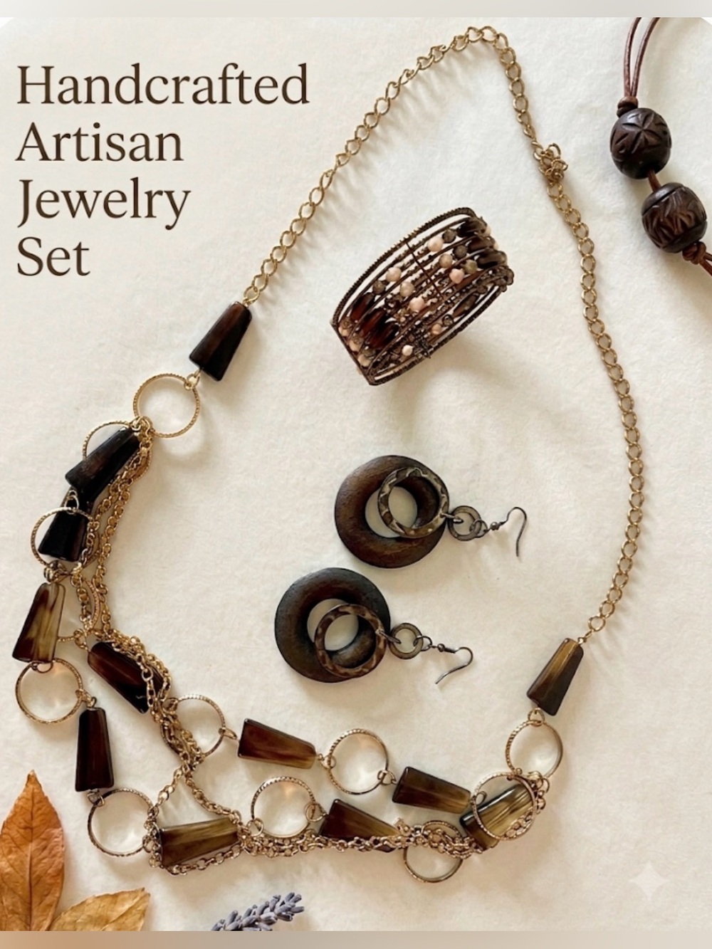 VINTAGE Boho Statement Jewelry Set - Layered Gold Necklace, Cuff & Earrings